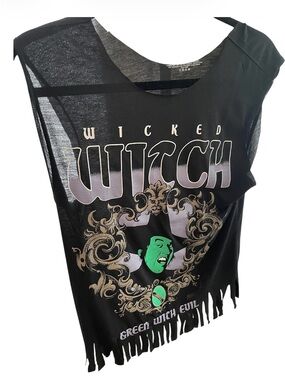 Wicked Witch Graphic Fringe Tank Top - Black & Green Accent